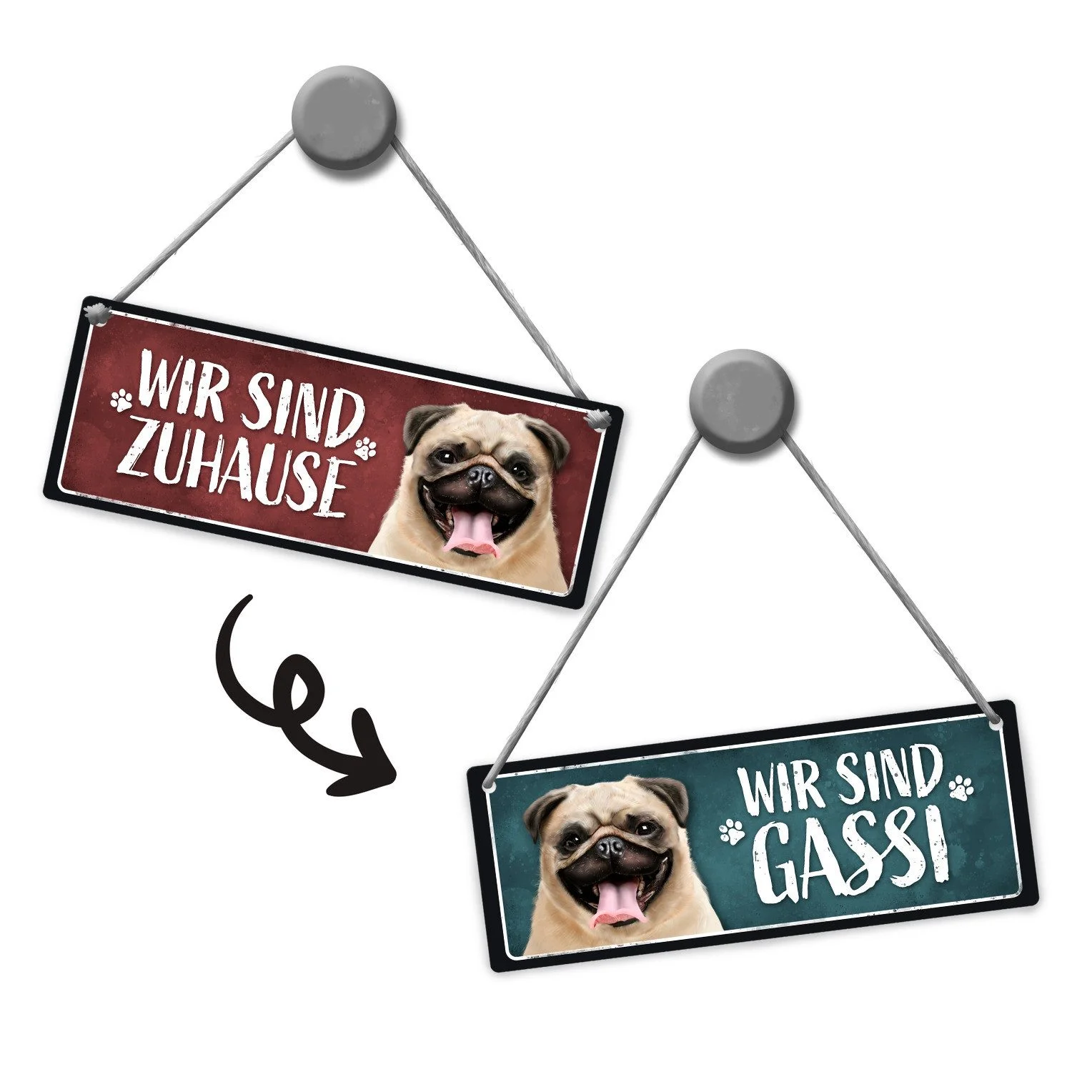 Wendeschild „Wir sind Gassi / Wir sind Zuhause“ – Mops, 7,5 × 20 cm